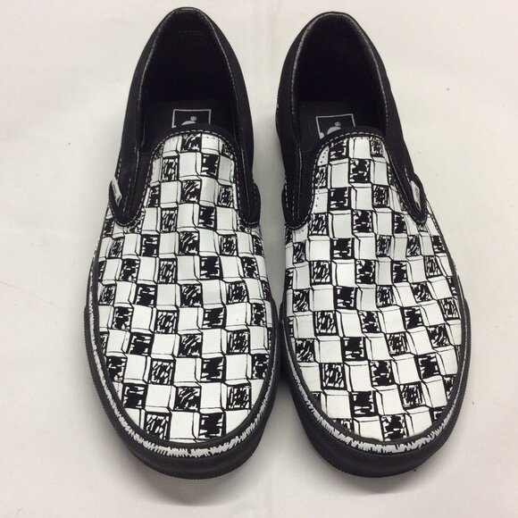 Vans Skate Shoes Men 7.5 Women 9 Black White Canvas Doodle Checkerboard Slip On - Picture 1 of 9